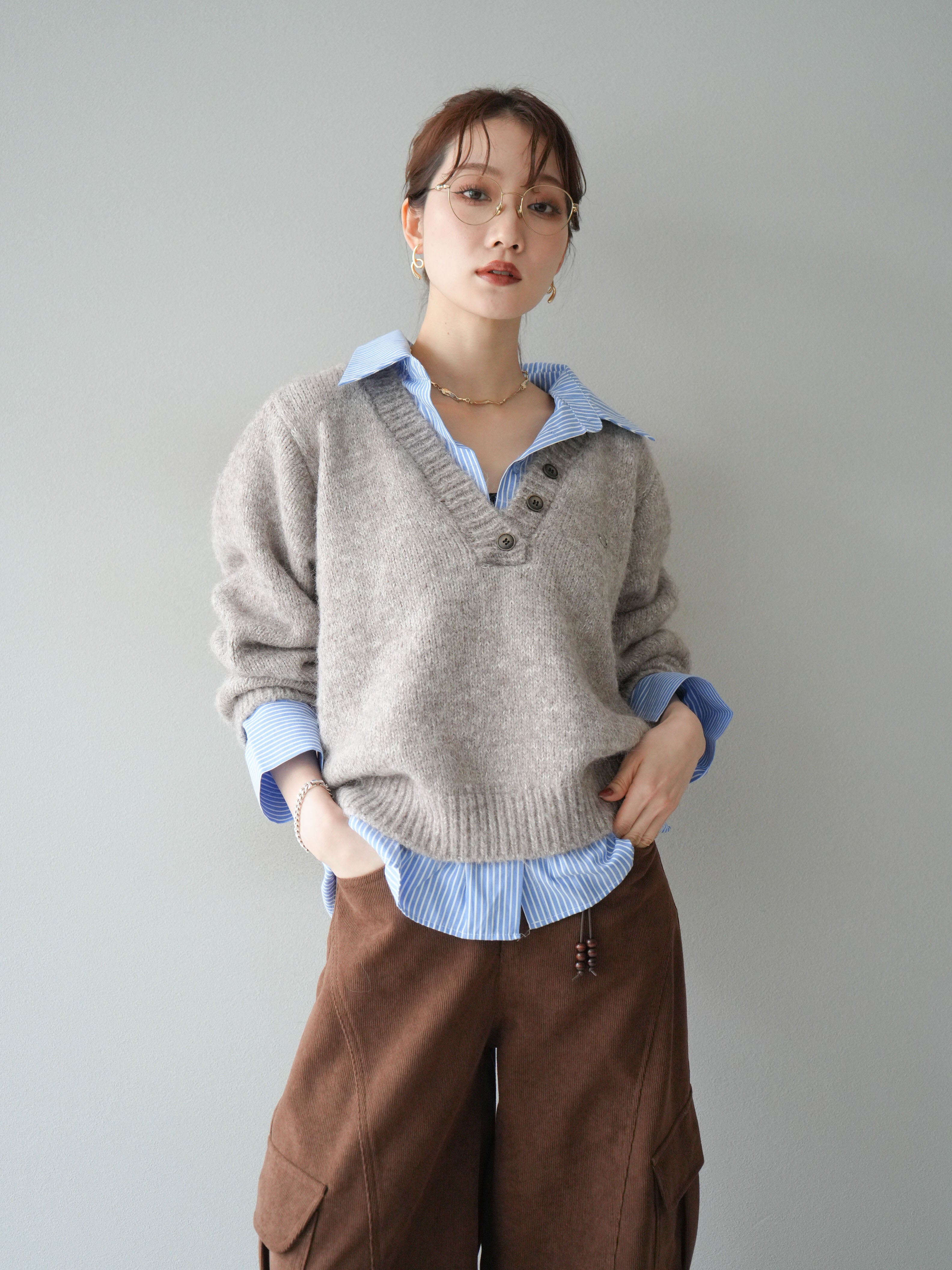 予約]ストライプシャツドッキングMIXヤーンニットプルオーバー/beige