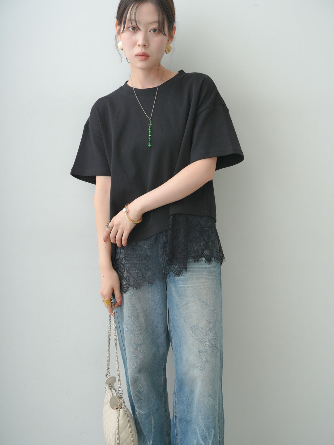[SET]アシメレースヘムワイドTEE+グラフィックスクラッチワイドデニム(2set)
