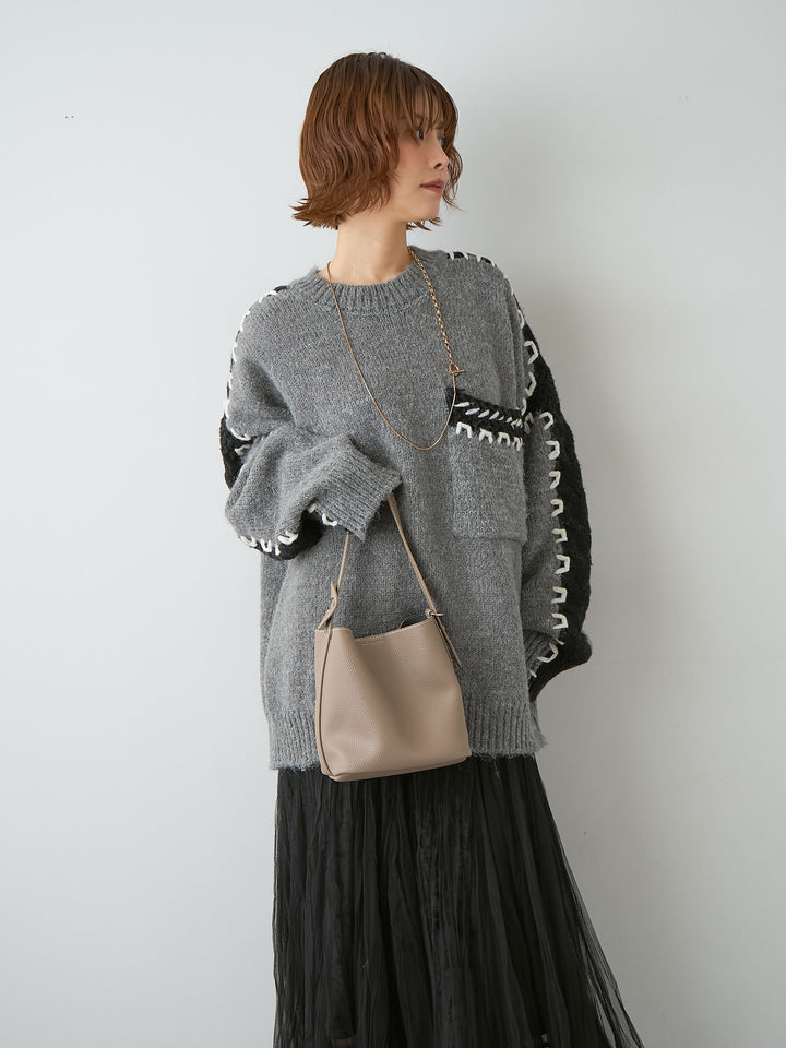 [予約]ハンドステッチデザインニットトップス/gray