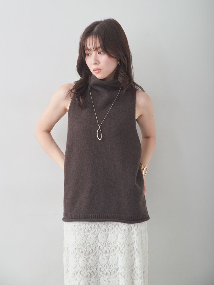 [予約]ハイネックアメスリワイドニットベスト/brown