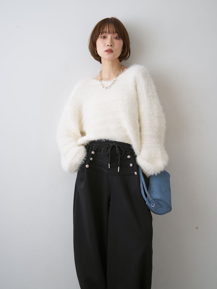 [予約]ボーダー編みラメニットトップス/white