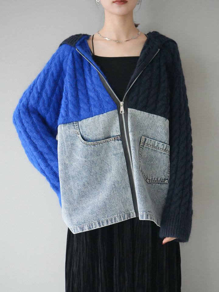 [予約]デニム×バイカラーニットZIPフーディ/blue