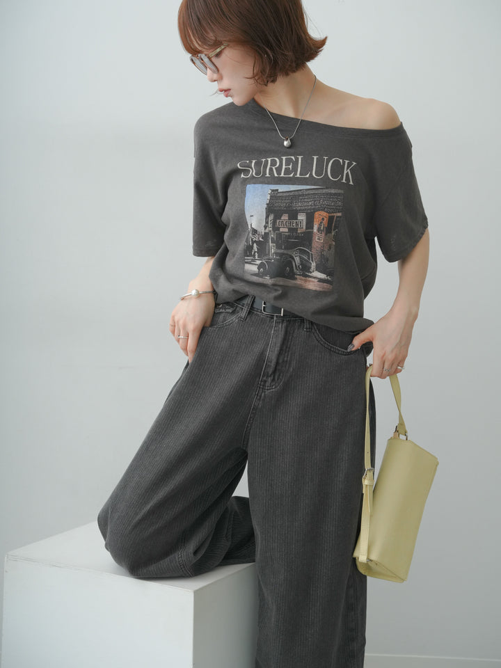 [SET]ワイドネックプリントTEE+ニュアンスウォッシュカーブデニム(2set)