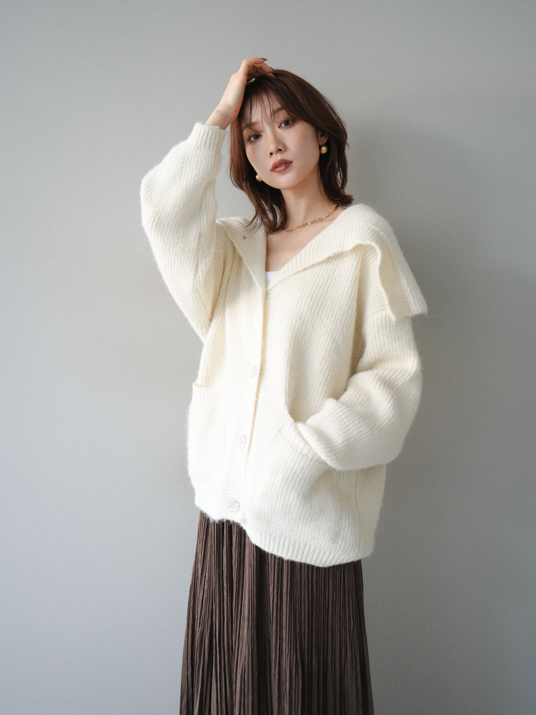 [予約]襟付きボタンオーバーニットカーディガン/ivory