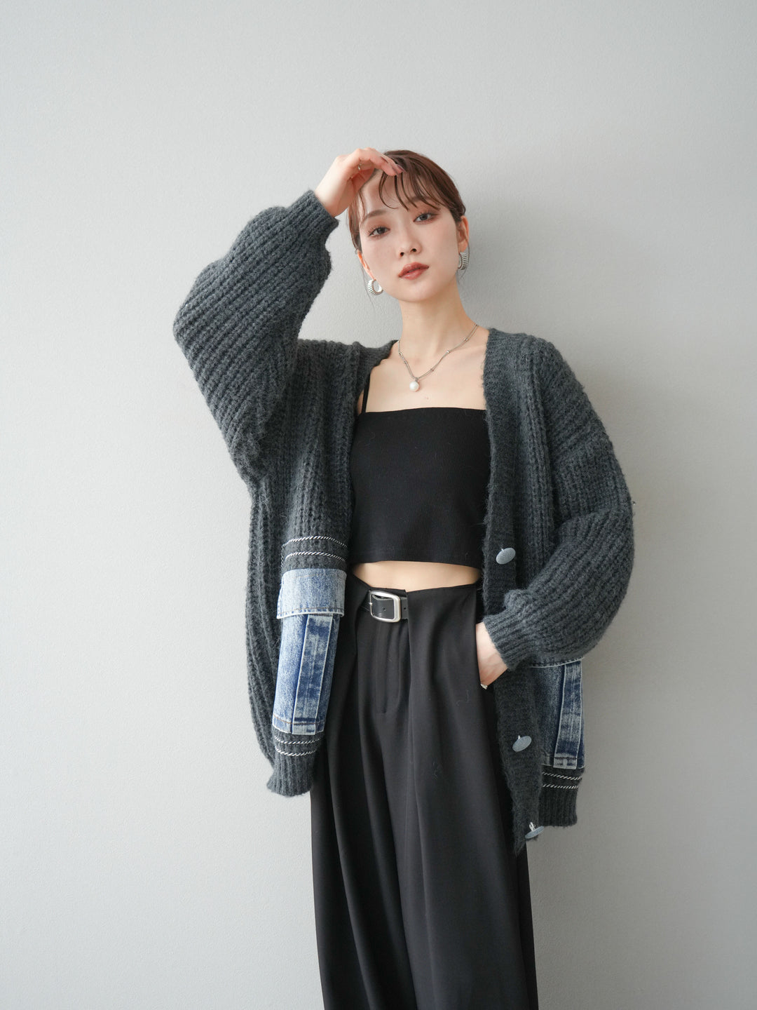 [予約]デニムポケットハンドステッチカーディガン/gray