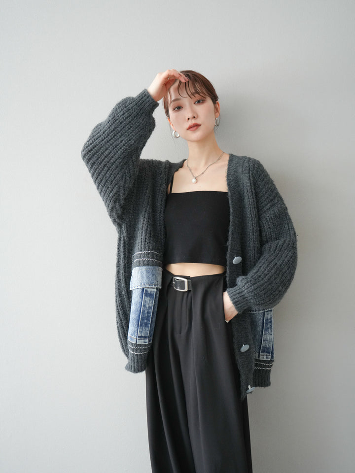 [予約]デニムポケットハンドステッチカーディガン/gray