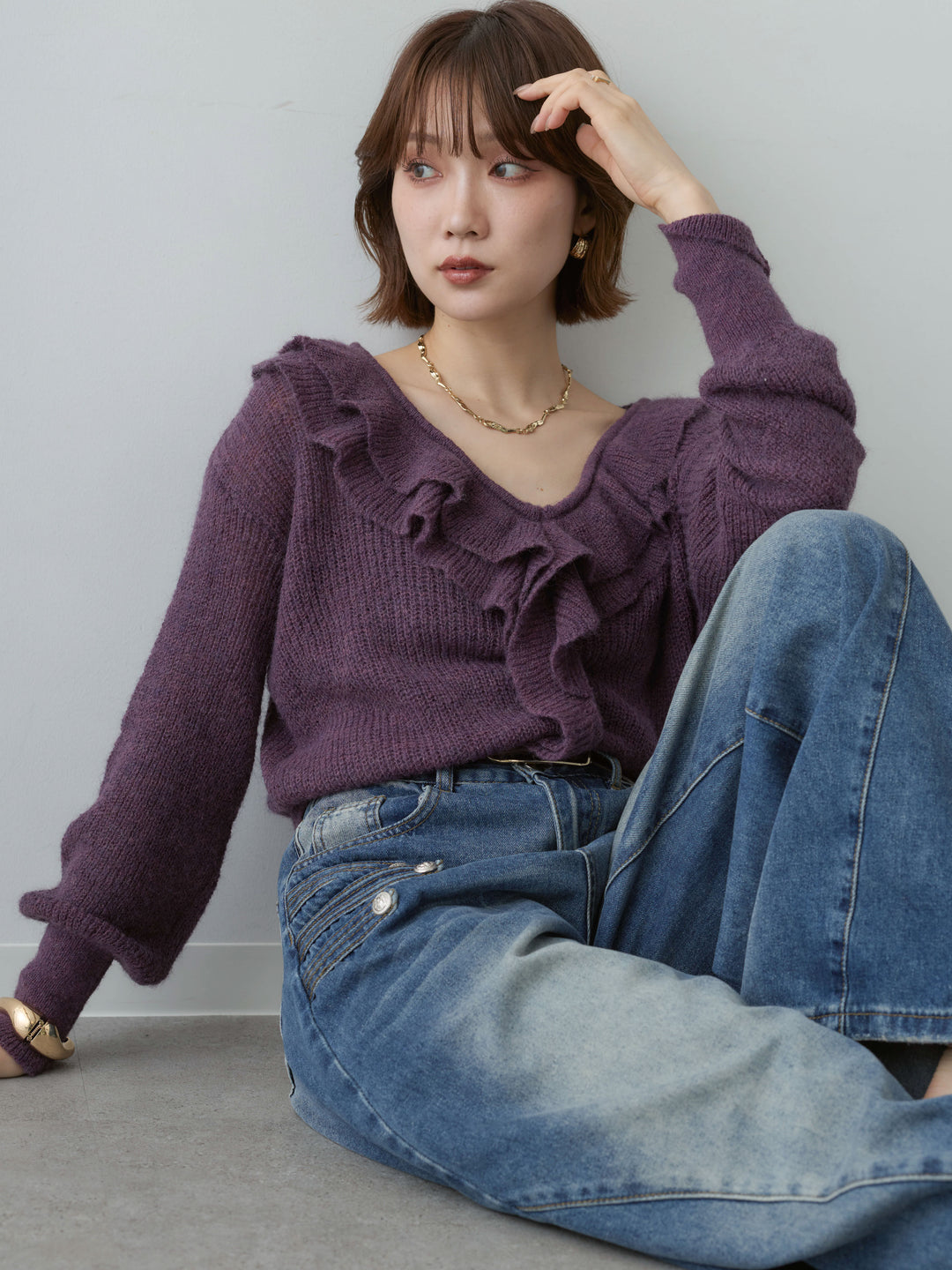 [SET]フリルネックモヘアニットトップス+ナポレオンカーブデニム(2set)