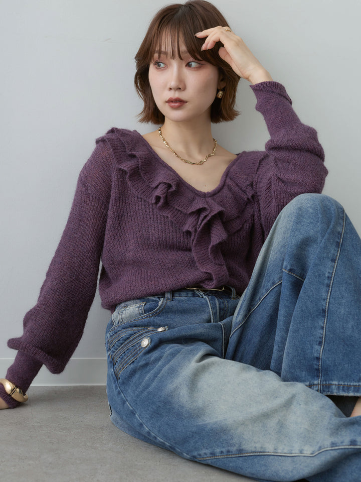 [SET]フリルネックモヘアニットトップス+ナポレオンカーブデニム(2set)