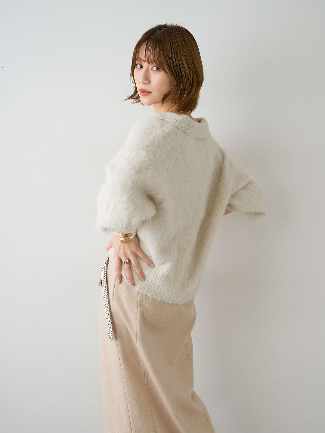 [SET]ヘンリーシャギーニットトップス+メルトンフラップ付ストレートスカート(2set)