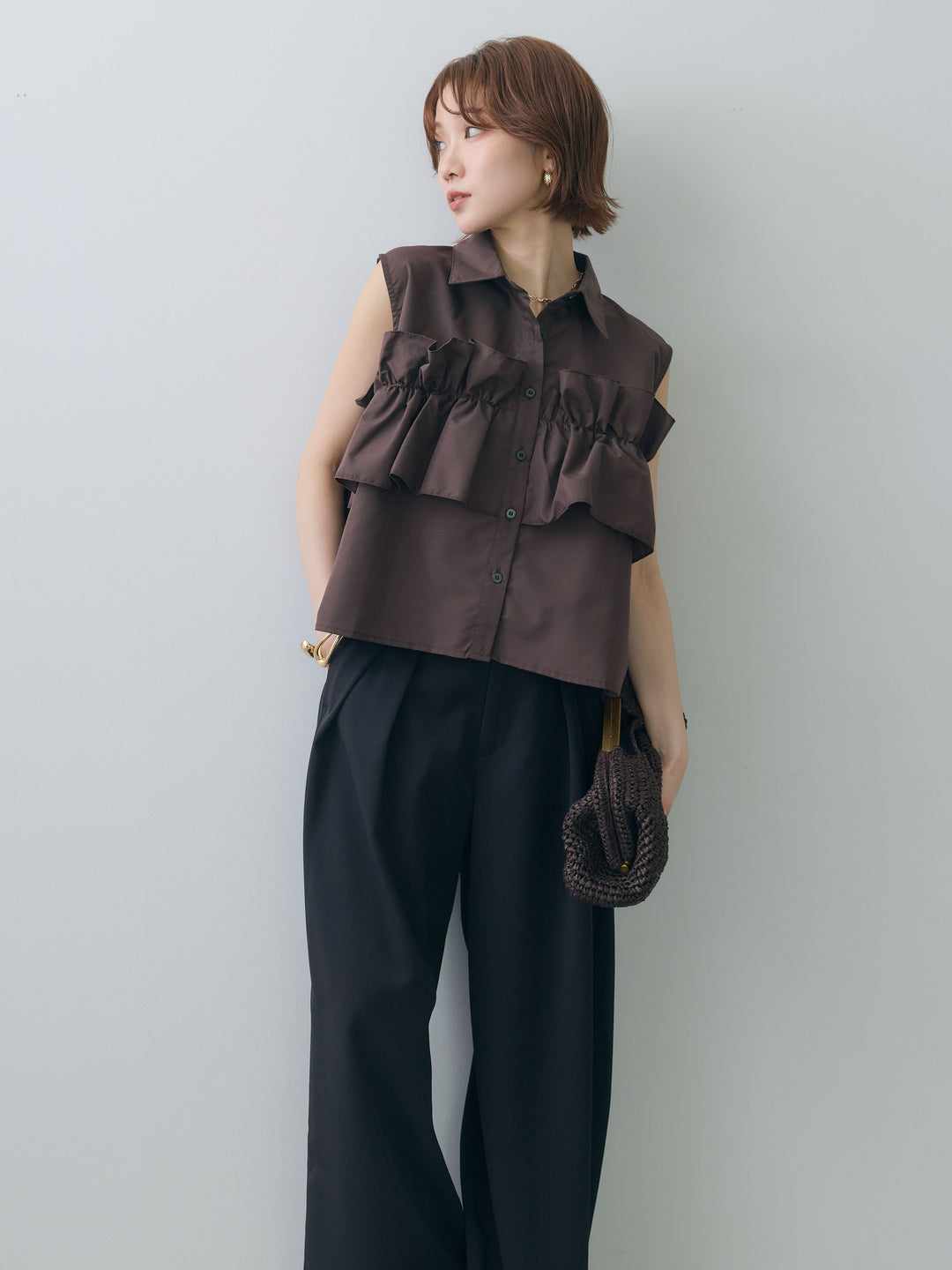 [予約]フリルノースリーブシャツ/brown