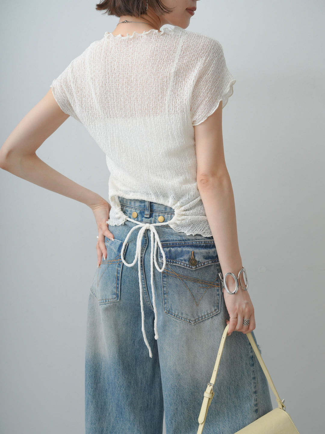 [SET]シャーリングシアーバックオープンフレンチトップス+ダメージデニムセミワイドパンツ(2set)