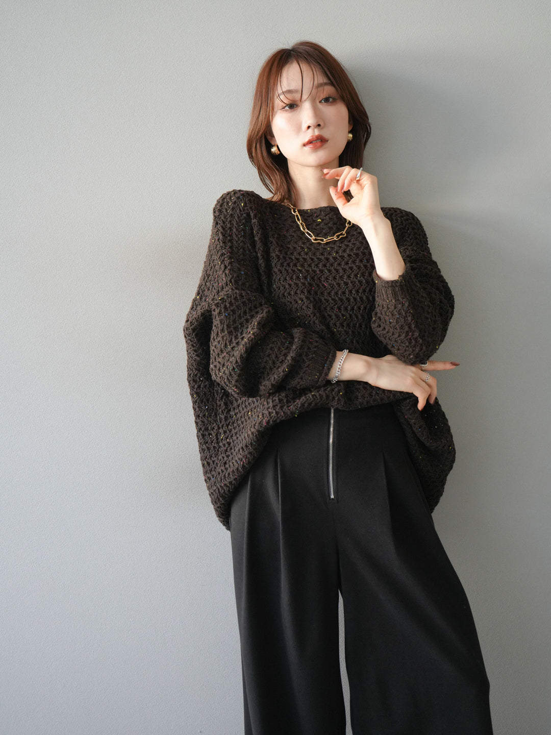 [予約]ネップ透かし編みオーバーニット/brown