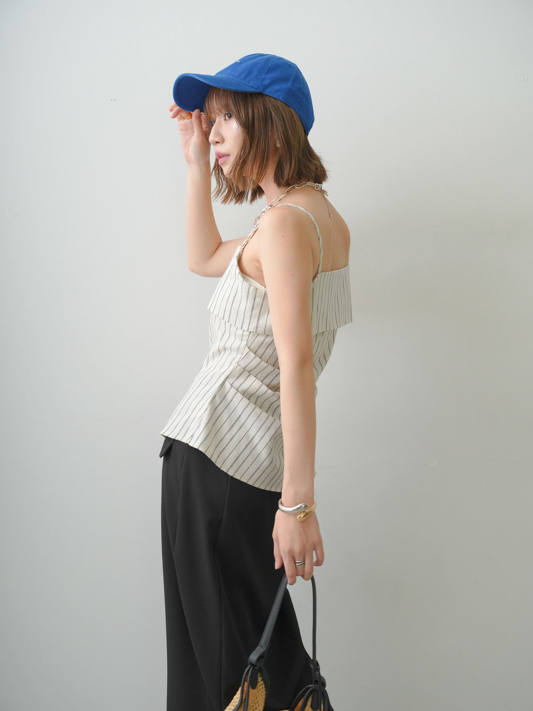 [SET]ストライプアシメキャミソール+クレープデシンフラップ付きストレートスカート(2set)