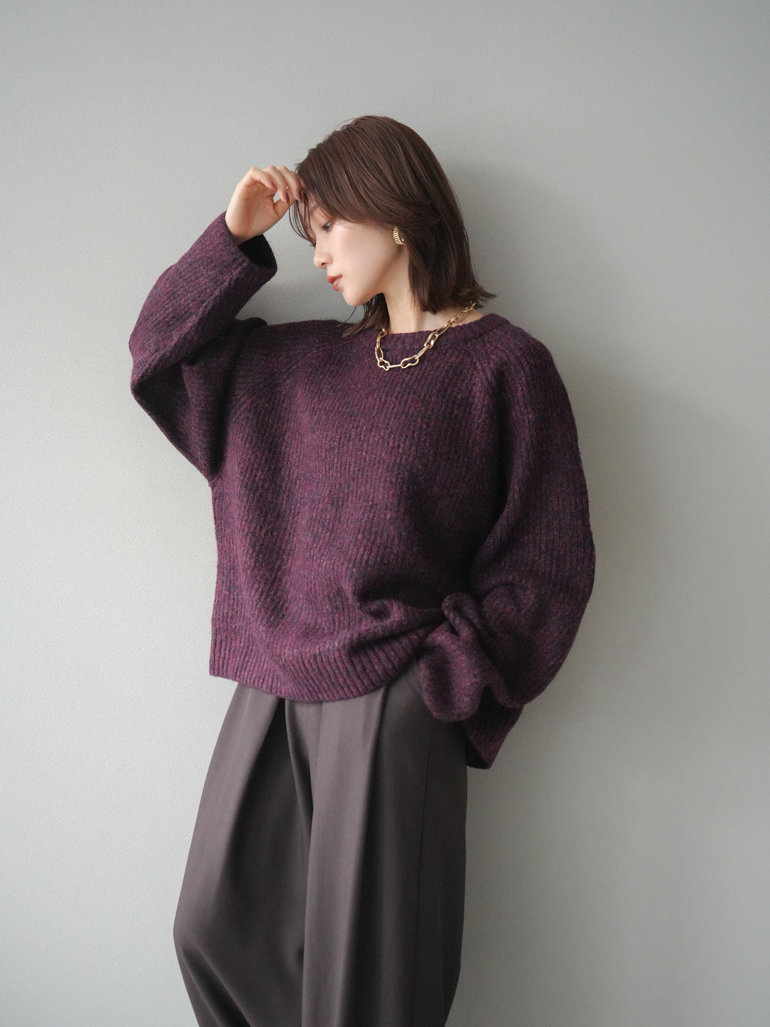 [予約]クルーネック畦編みミックスニット/bordeaux