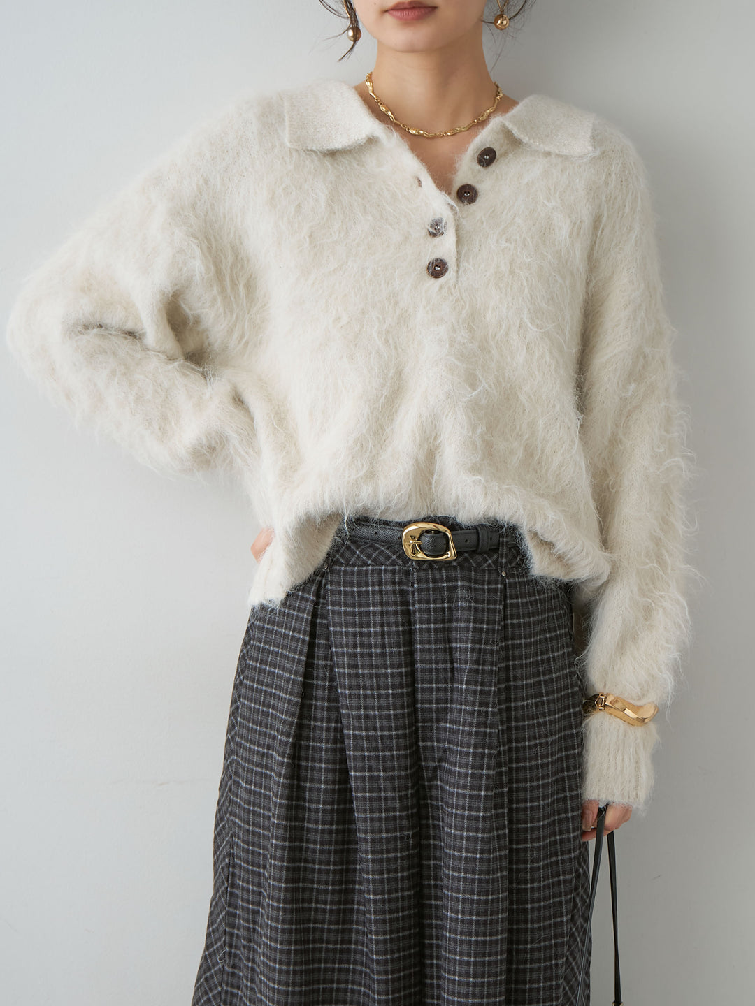 [SET]ヘンリーシャギーニットトップス+チェックタックワイドパンツ(2set)