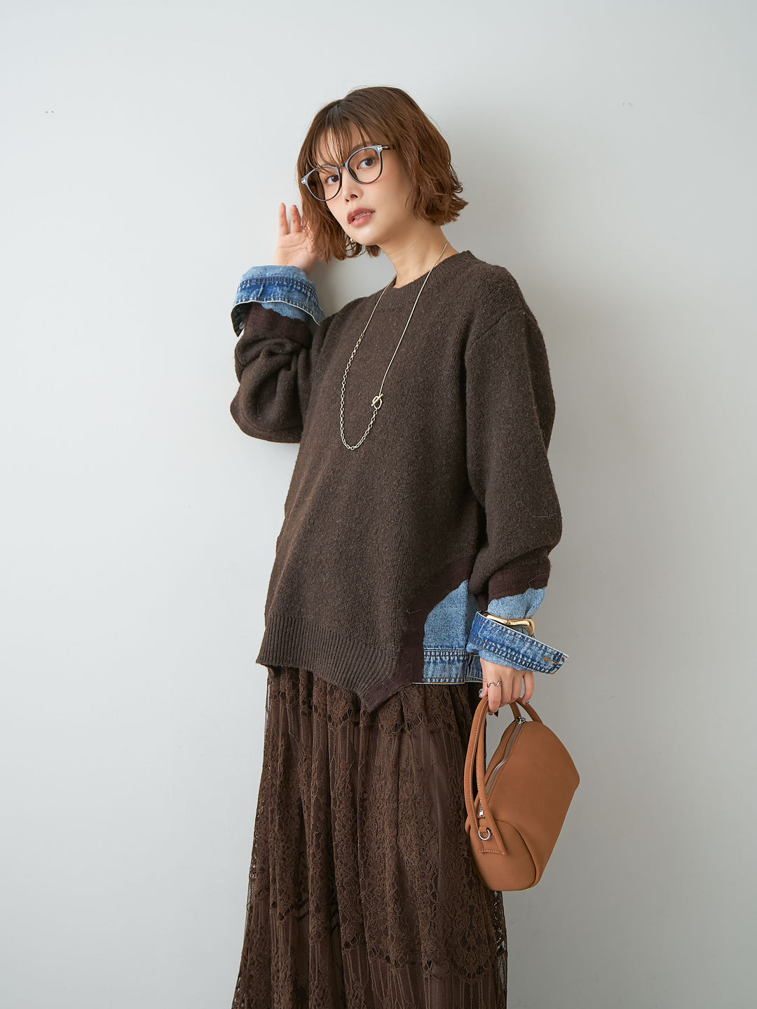 [予約]デニムドッキングニットプルオーバー/brown