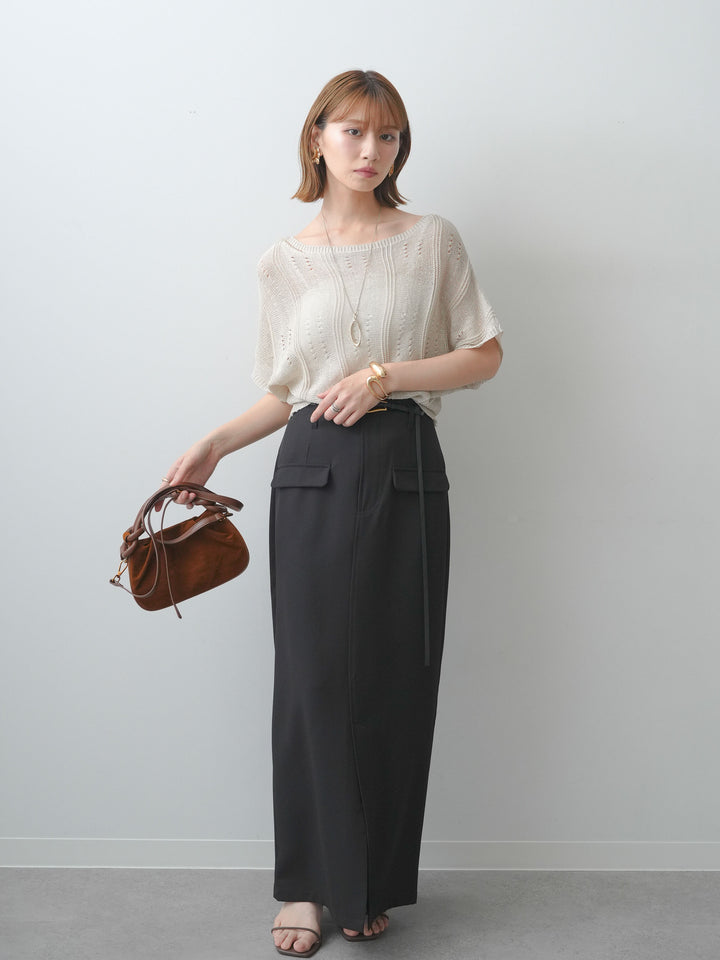 [SET]アイレットサマーニットトップス+クレープデシンフラップ付きストレートスカート(2set)