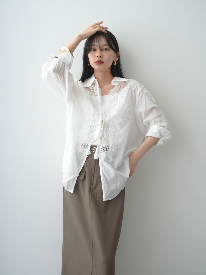 [SET]フロントレースリネンブラウス+カップ付きバッククロスキャミソール+クレープデシンフラップ付きストレートスカート(3set)
