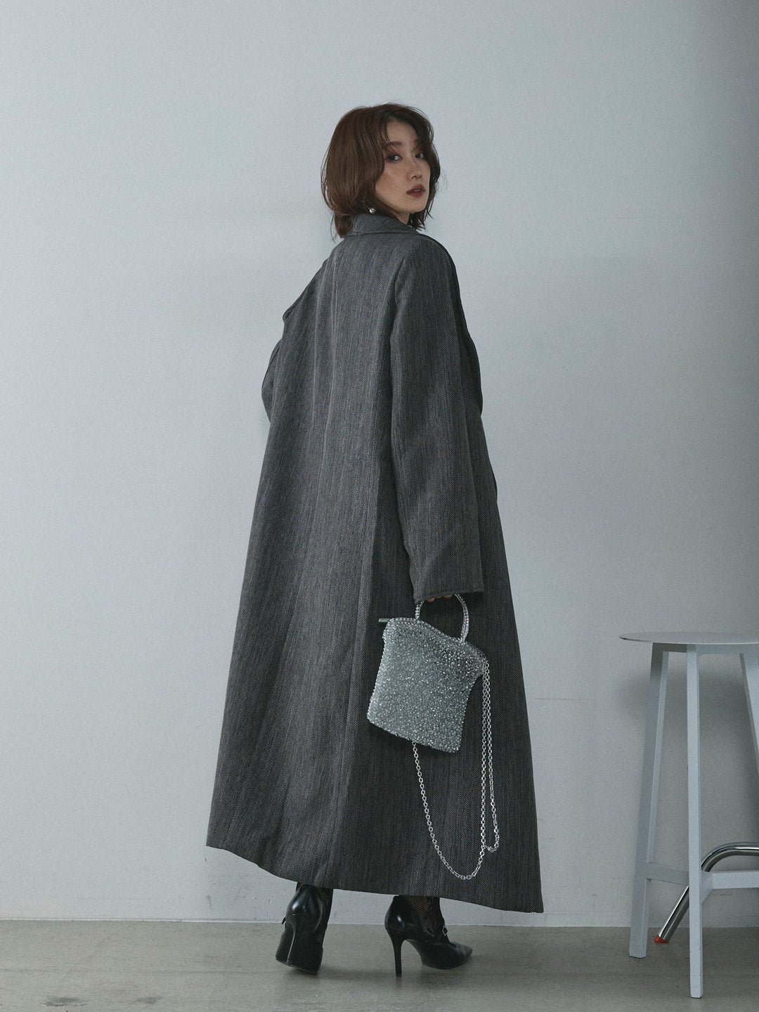 【Allure】[SET]ツイードタッチロングコート+デザインショートニットカーディガン(2set)