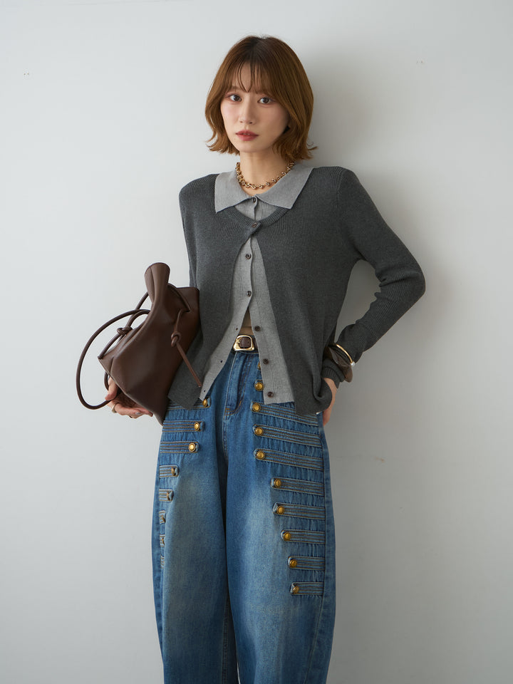 [SET]フロントレイヤードデザインリブニットシャツ+フロントレイヤードデザインリブニットシャツ(2set)