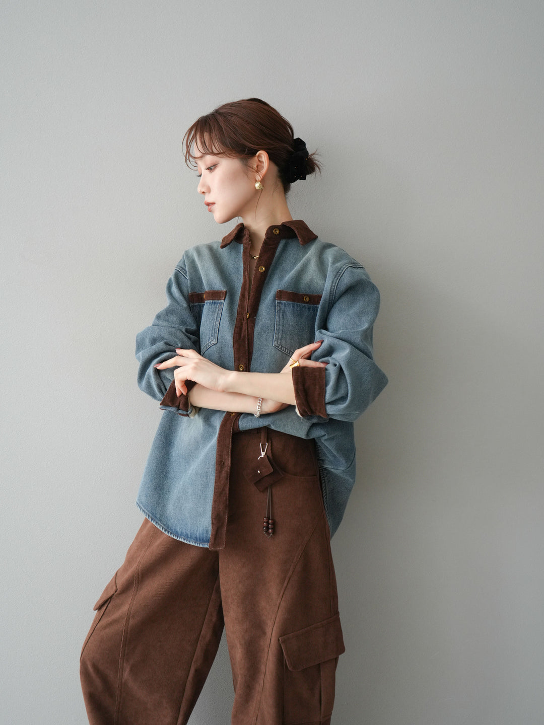 [予約]裏起毛コーデュロイ襟デニムシャツジャケット/ blue