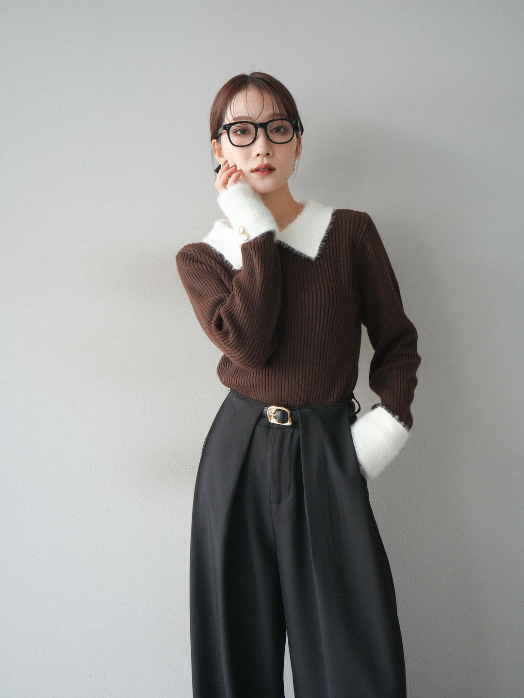 [SET]シャギー襟リブニットトップス+ベルトループデザインワイドパンツ(2set)