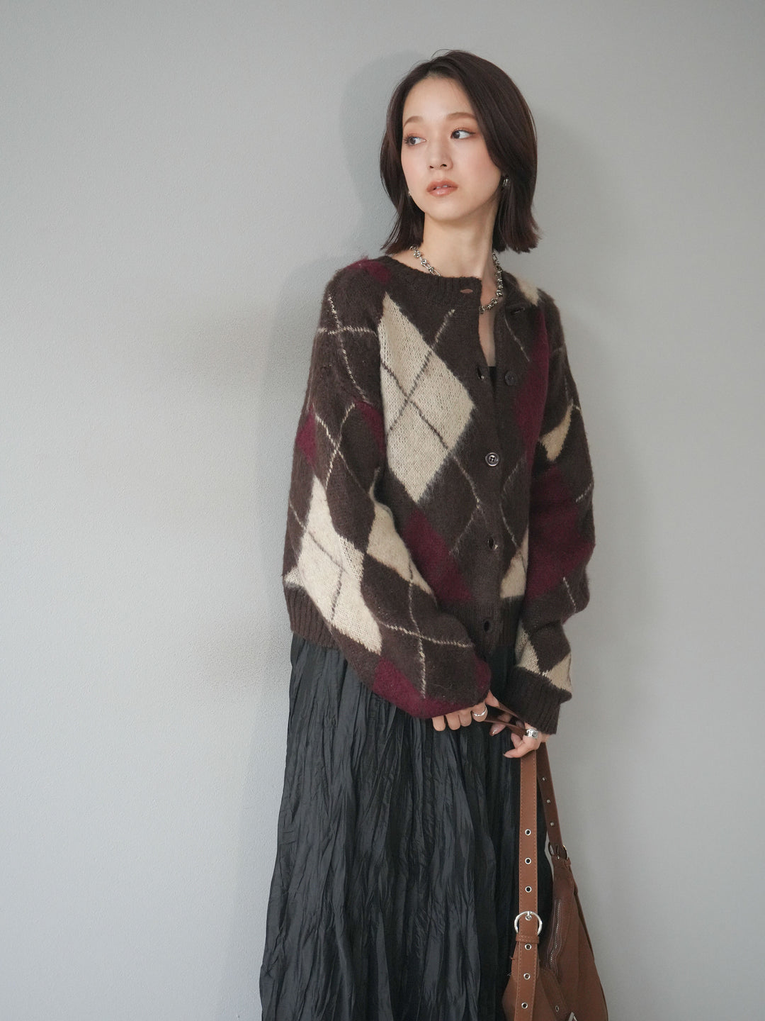 [予約]モヘアタッチアーガイルニットカーディガン/brown