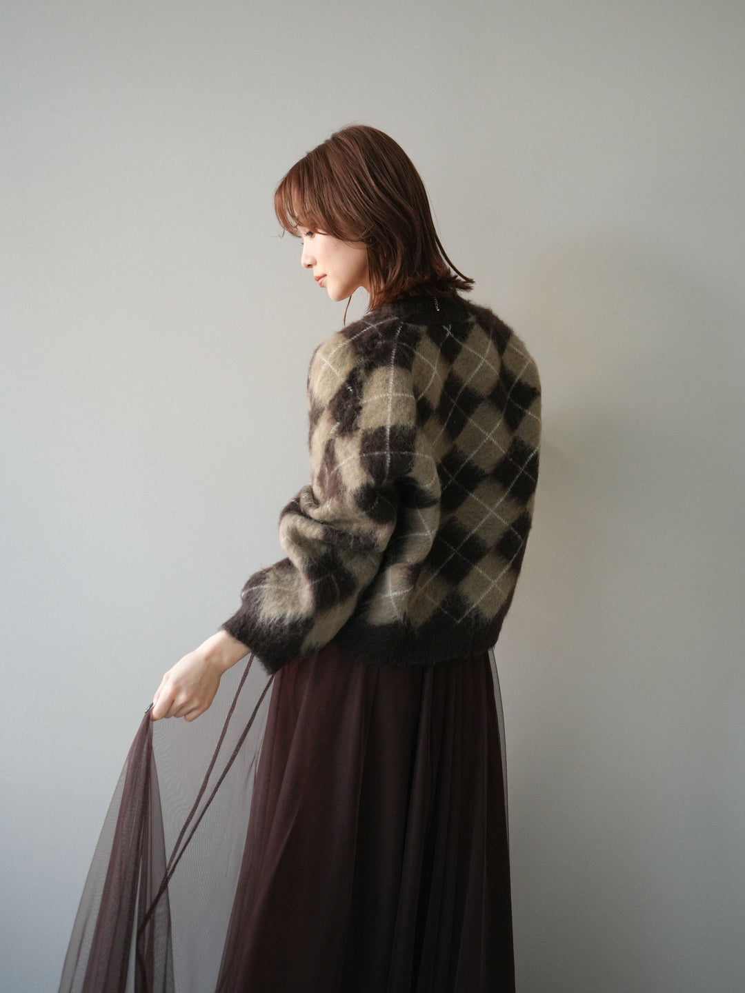 [予約]アーガイルシャギーニットカーディガン/brown