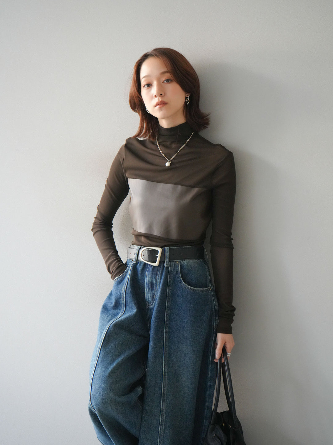 [予約]レザー切替プチネックシアートップス/khaki