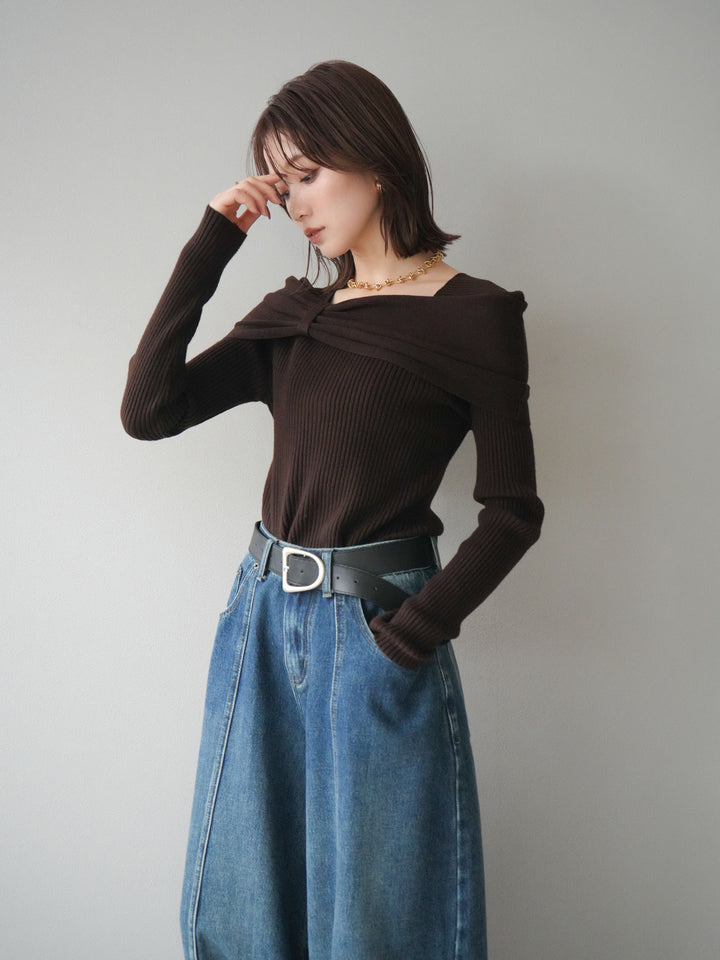 [予約]リボンモチーフオフショルリブニットトップス/brown