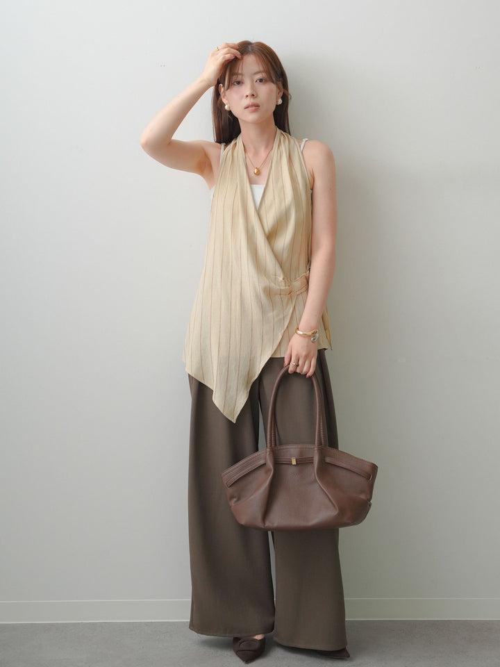 [SET]ストライプカシュクールジレ+クレープデシンタックワイドパンツ(2set)