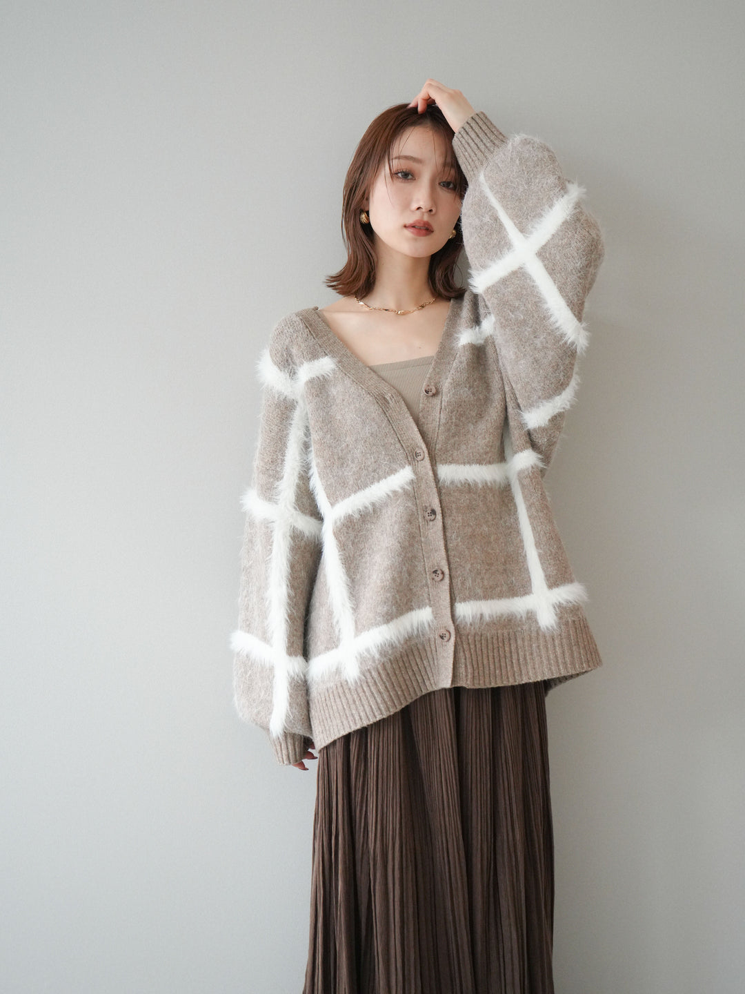 [予約]ミックスシャギーチェックカーディガン/beige