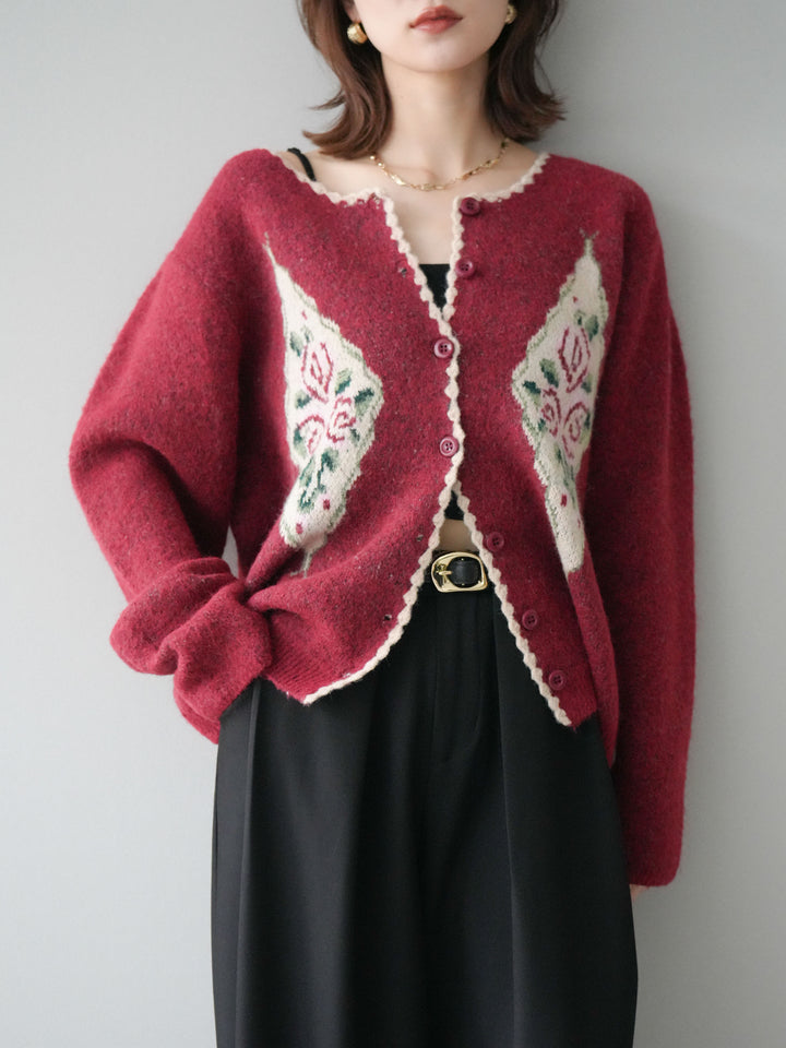 [予約]アンティークフラワージャガードニットカーディガン/red