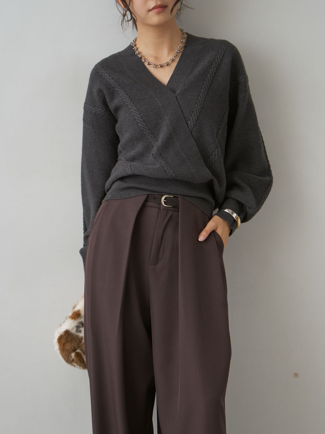 [SET]カシュクールミックスケーブルニットトップス+カシュクールミックスケーブルニットトップス(2set)