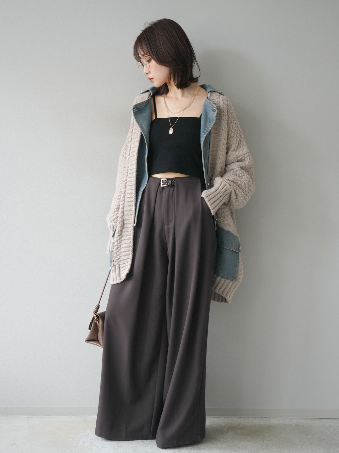 [SET]デニム襟レイヤードニットジャケット+ベルトループデザインワイドパンツ(2set)