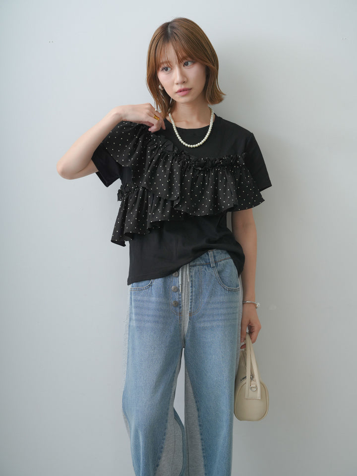 [SET]ドットギャザーフリルデザインTEE+デニム切替スウェットパンツ(2set)