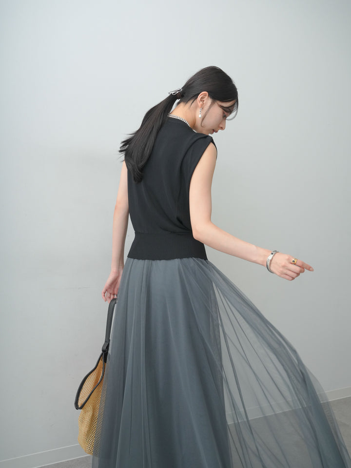 [SET]ショルダータックノースリニットトップス+チュールボリュームスカート(2set)