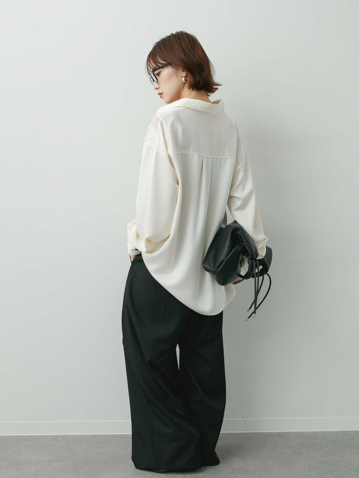 [SET]サテンレース切り替えシャツ+ツイルタックワイドパンツ(2set)