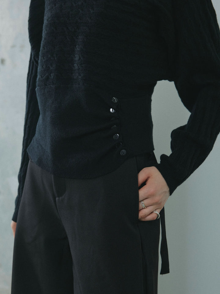 【Allure】[SET]ワンショルケーブル編みニット+サイドタックワイドパンツ(2set)