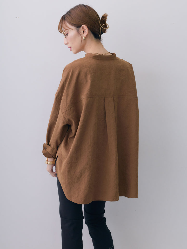 【套裝】蜜桃色麂皮無領襯衫 + 蜜桃色麂皮無領襯衫（兩件組）