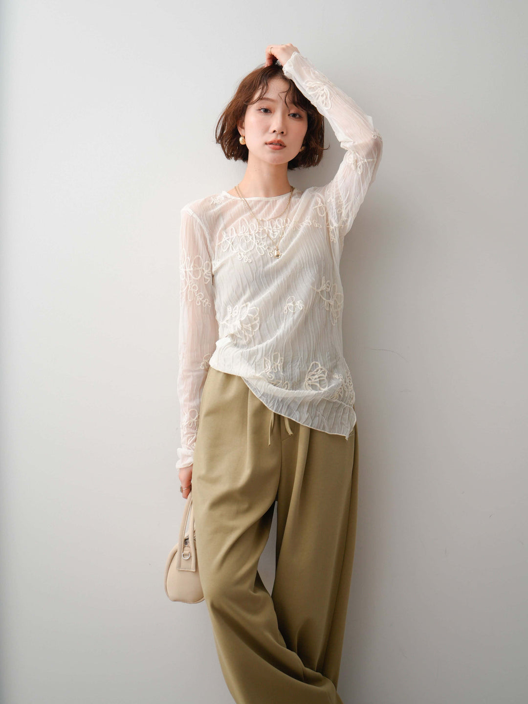[SET]コード刺繍シアーロングスリーブトップス+コード刺繍シアーロングスリーブトップス(2set)