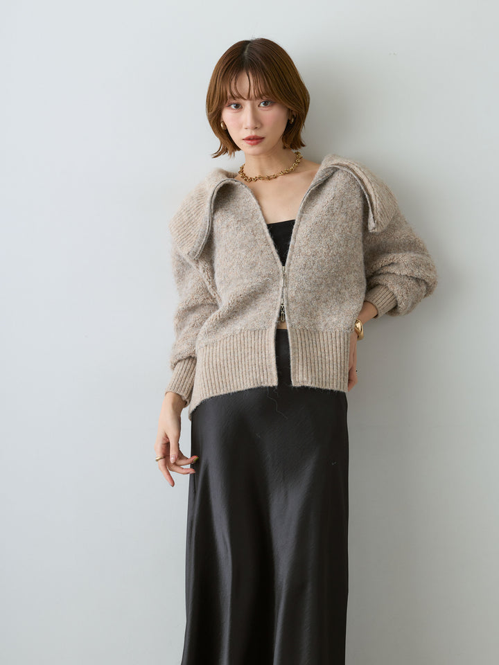 [SET]ビッグカラーシャギーニットブルゾン+サテンIラインスカート(2set)