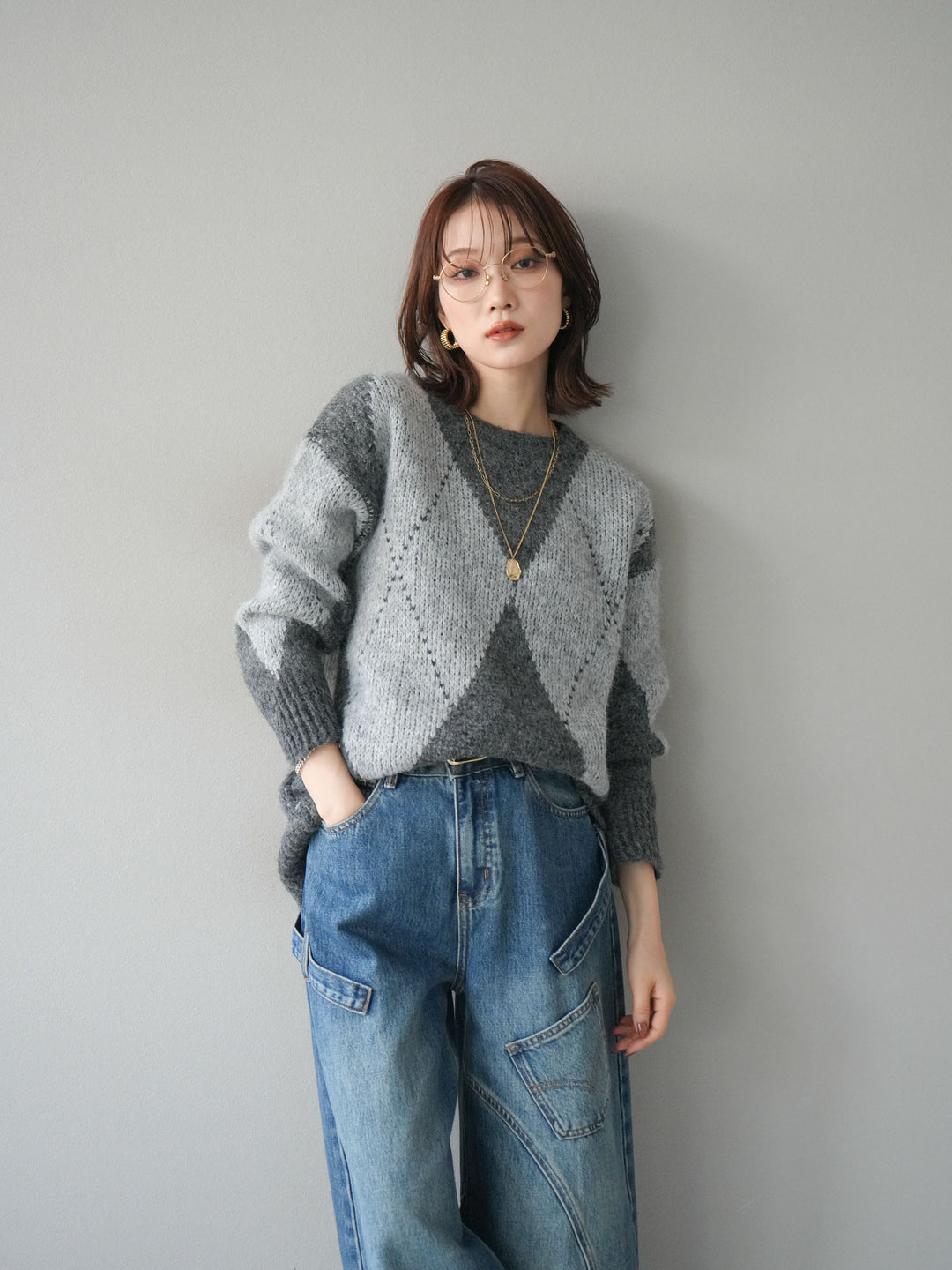 [予約]アーガイルオーバーニットプルオーバー/gray