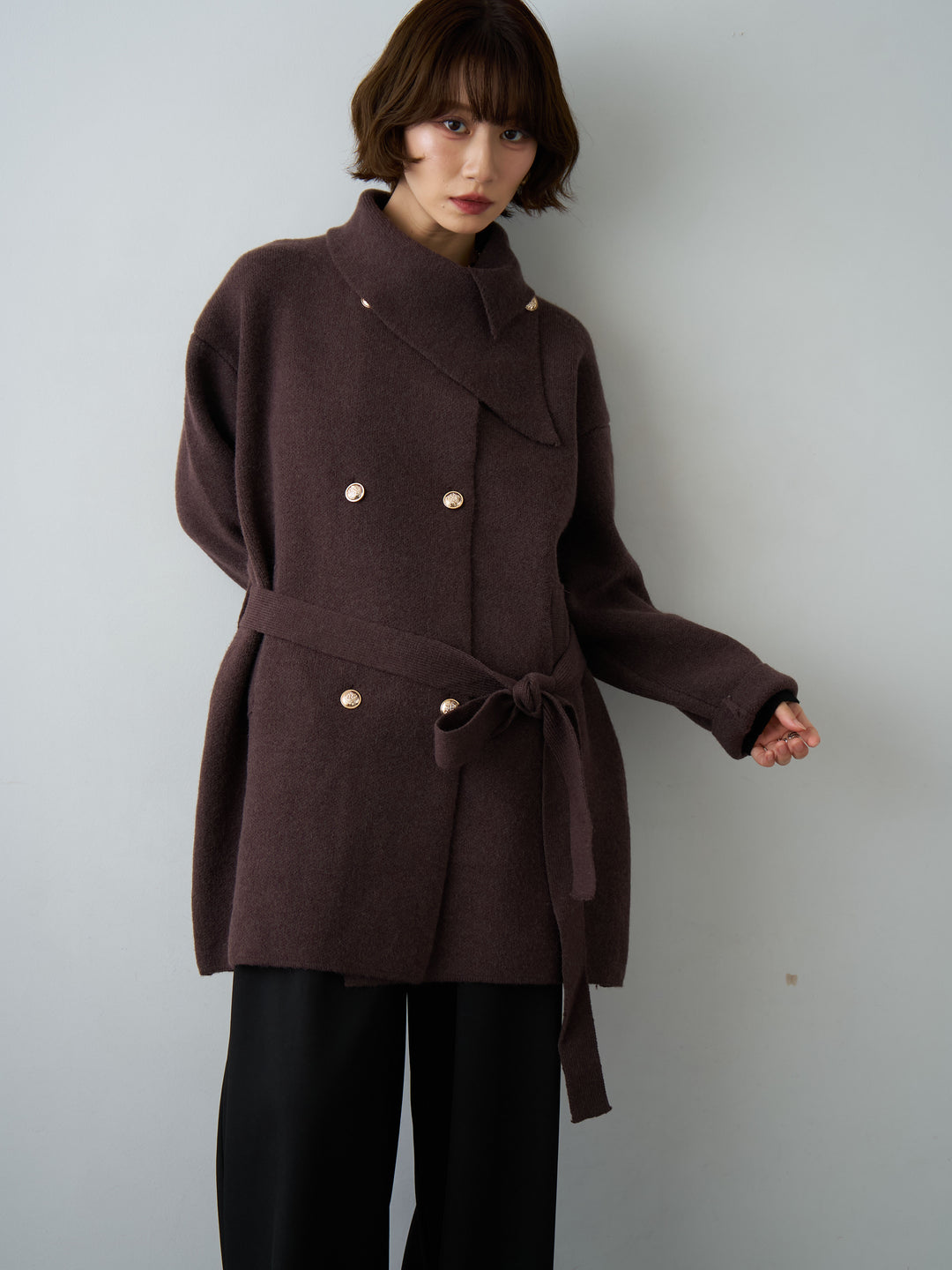 [予約]ゴールドボタンミディアムニットコート/brown