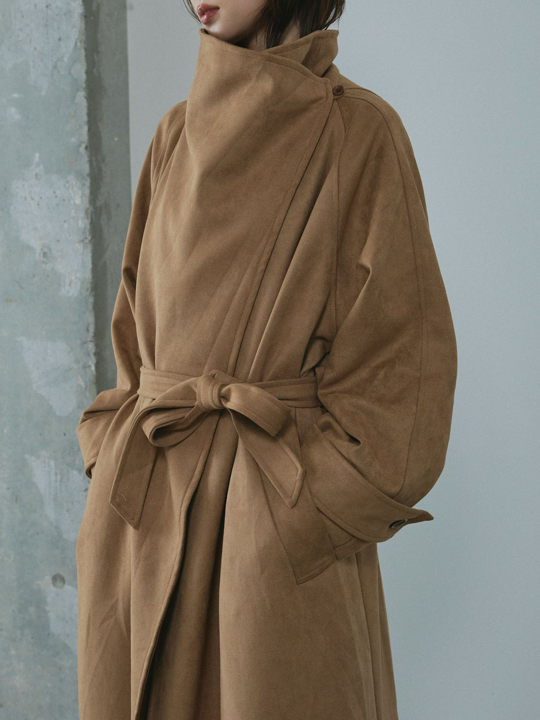 【Allure】[SET]レザーカラースウェードロングコート+杢チェックタックパンツ(2set)