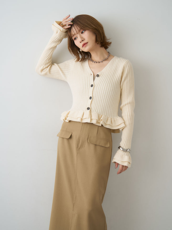 [SET]アルパカタッチフリルカーディガン+クレープデシンフラップ付きストレートスカート(2set)