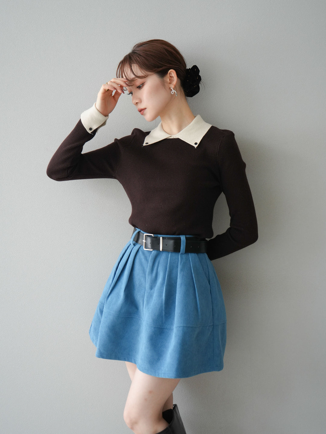 [予約]ニットカフス襟付き配色リブニットトップス/brown