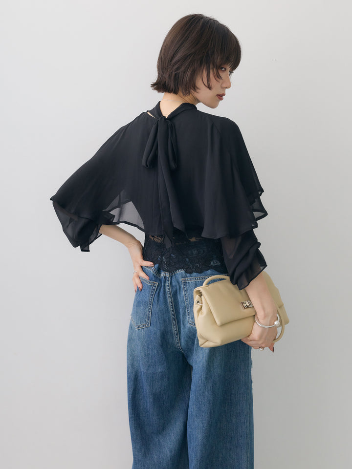 [予約]レースヘムケープデザインシアーブラウス/black