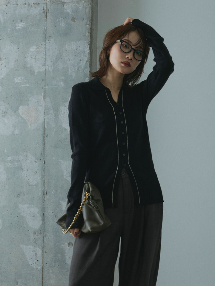 【Allure】[SET]リブ配色ラインポロニットカーディガン+杢チェックタックパンツ(2set)