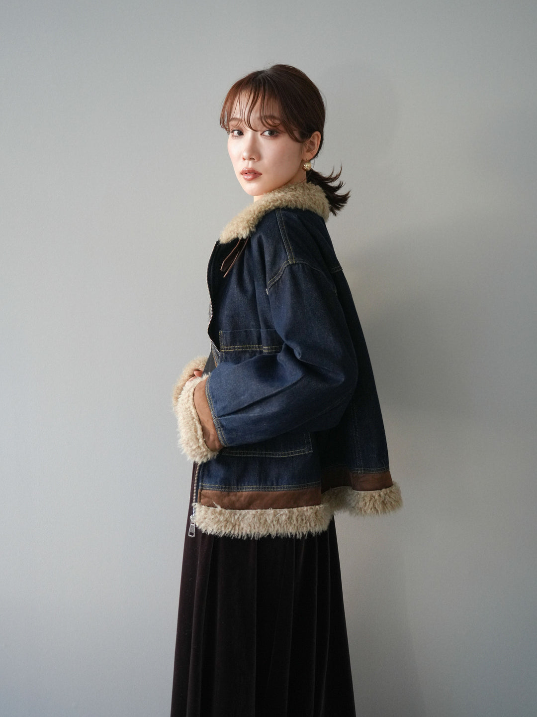 [予約]スタンドカラーファー×デニムジャケット/indigo